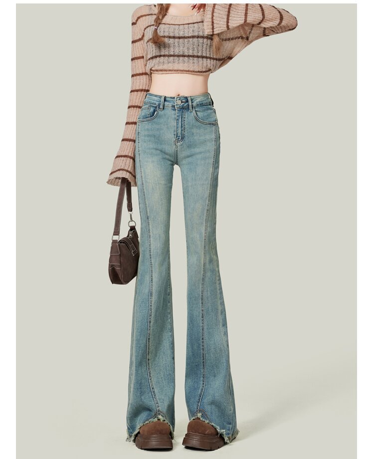 Светло - синие волосатые брюки с микротрубами Женские джинсы Осень 2024 года Новые брюки с высокой талией и тонкими подковами - Ностальгический синий/XS