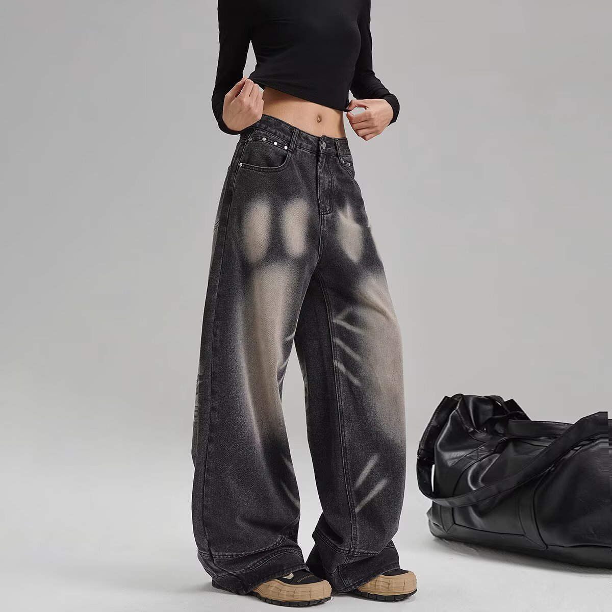 China-Chic Vintage Washed Straight Jeans Women's New Loose High Waist Wide Leg Pants Long Trousers Zichao - black/S