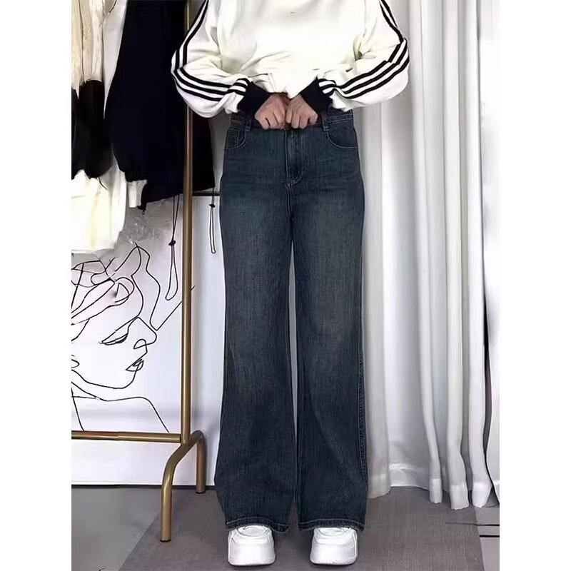 Прямые джинсы Женские свободные, толстые, миллиметровые, толстые, толстые брюки, тонкие брюки Весенние грушевидные, узкие брюки с широкими ногами - серо-голубой/S