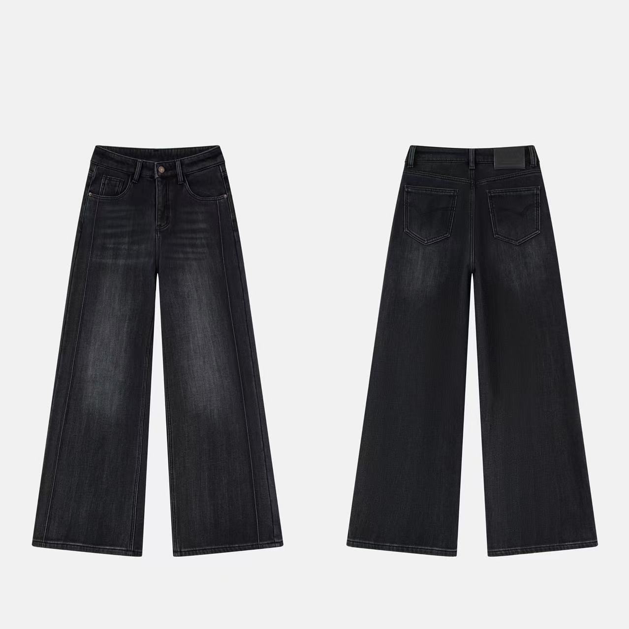 织志2025冬季黑色复合绒阔腿牛仔裤女款弹力加厚牛仔阔腿裤复古 - 黑灰长裤加绒BJ389-1/(155/64A)S