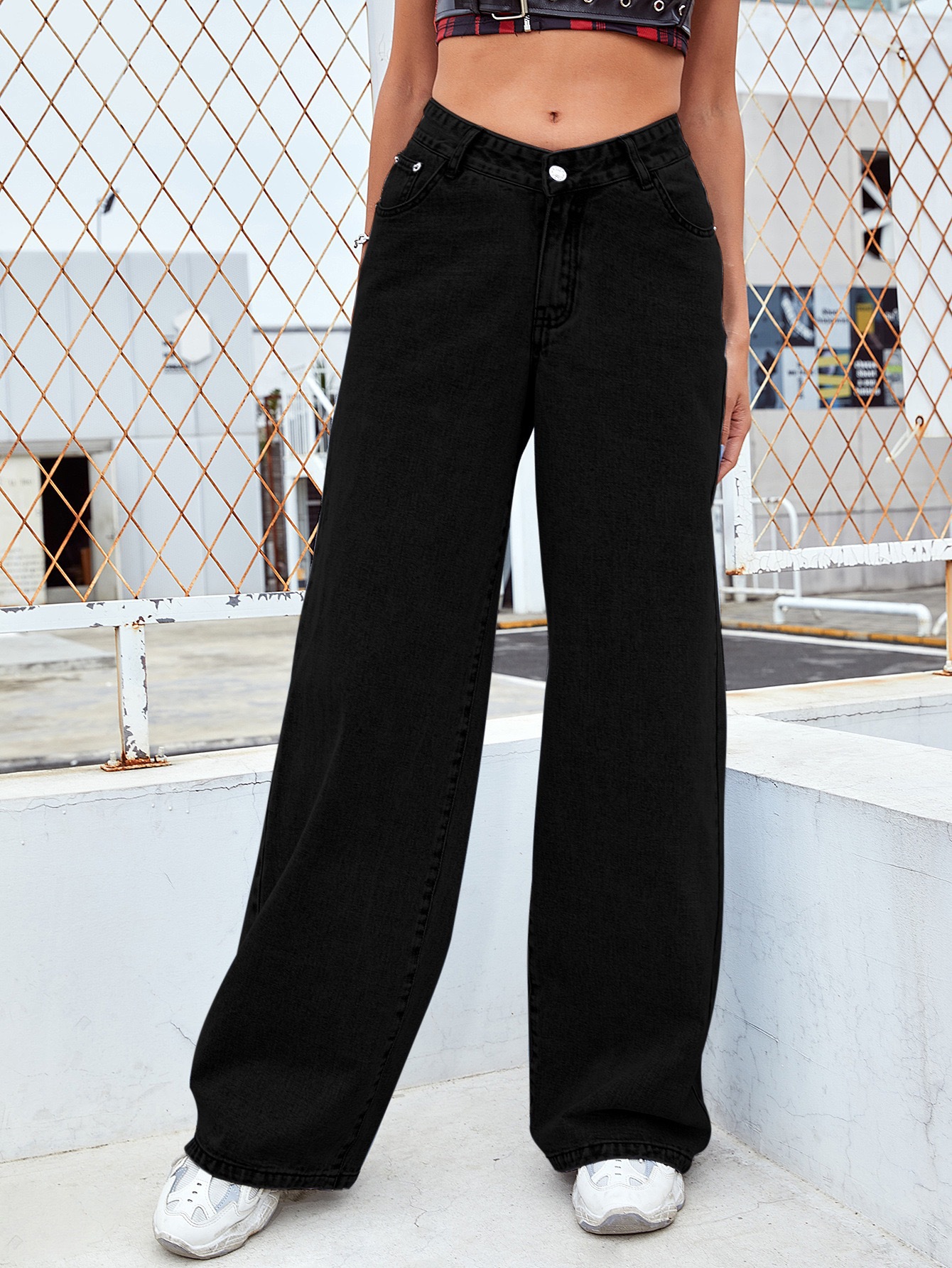 Cross border foreign trade Amazon Europe and America high waisted large size straight leg jeans for women, loose and wide leg pants with large quantity and advantages - black/S recommends 80-95 pounds