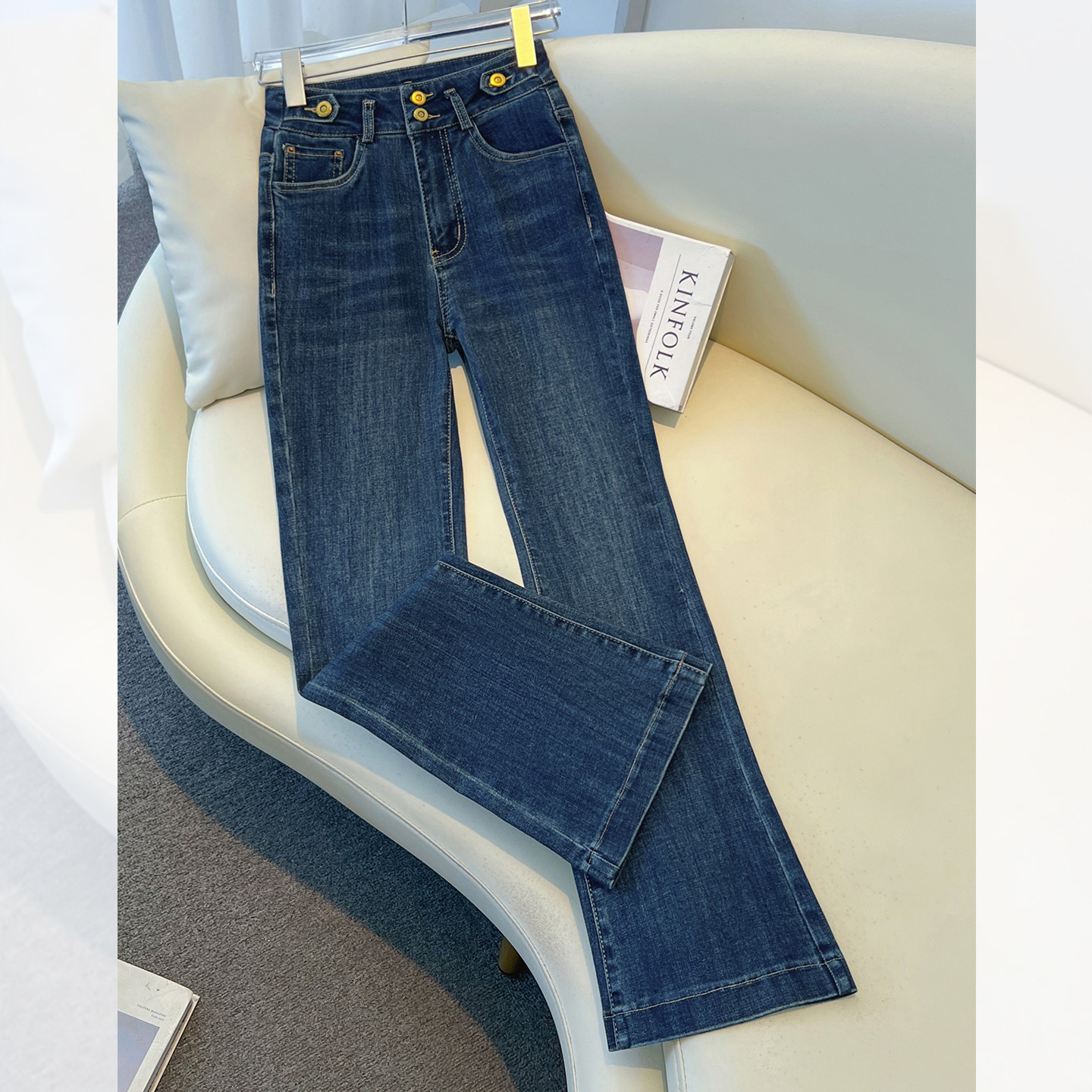 喇叭牛仔裤女秋冬季2025新款垂感直筒马蹄裤气质弹力九分微喇裤子 - 蓝色-小个子款/26/S