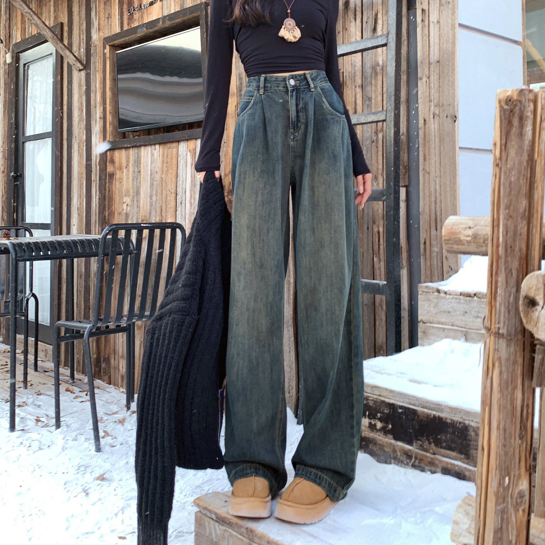 Американский цемент серый с высокой талией и бархатными джинсами Осень - зима 2024 Новые свободные, стройные брюки с широкими ногами - Цементная зола/XS