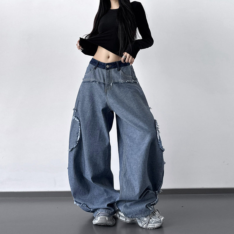 Осень и зима Высокая улица Маленькая толпа Стирка Дизайн Чувство шерсти Женские джинсы 2025 Новые свободные ноги - синий/S