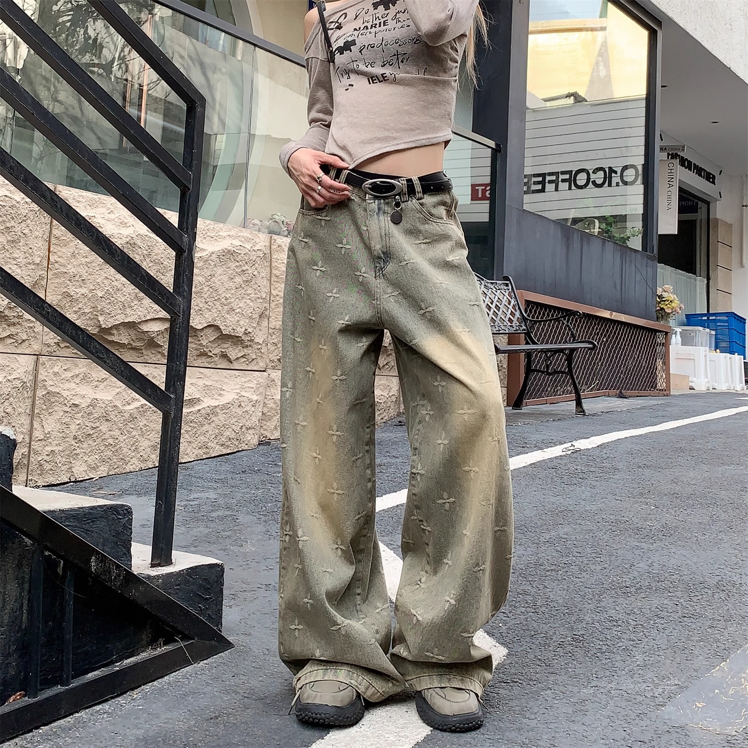 High waisted jeans for women, spring new style, spicy girl, wide leg, heavy duty, cross star, loose, washed and worn straight leg floor pants - Nostalgic Blue/S