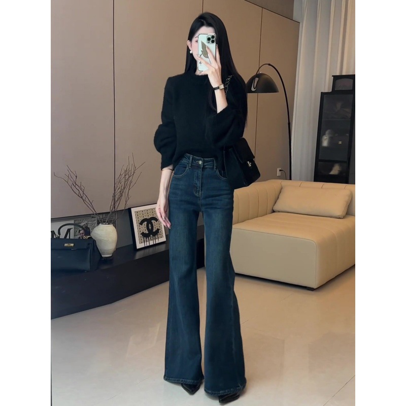 Большой размер, темно - синий, без плюшевых ног, джинсы, женские осенне - зимние толстые, мм, высокая талия, широкие ноги, штаны с рогами. - тёмно-синий/S