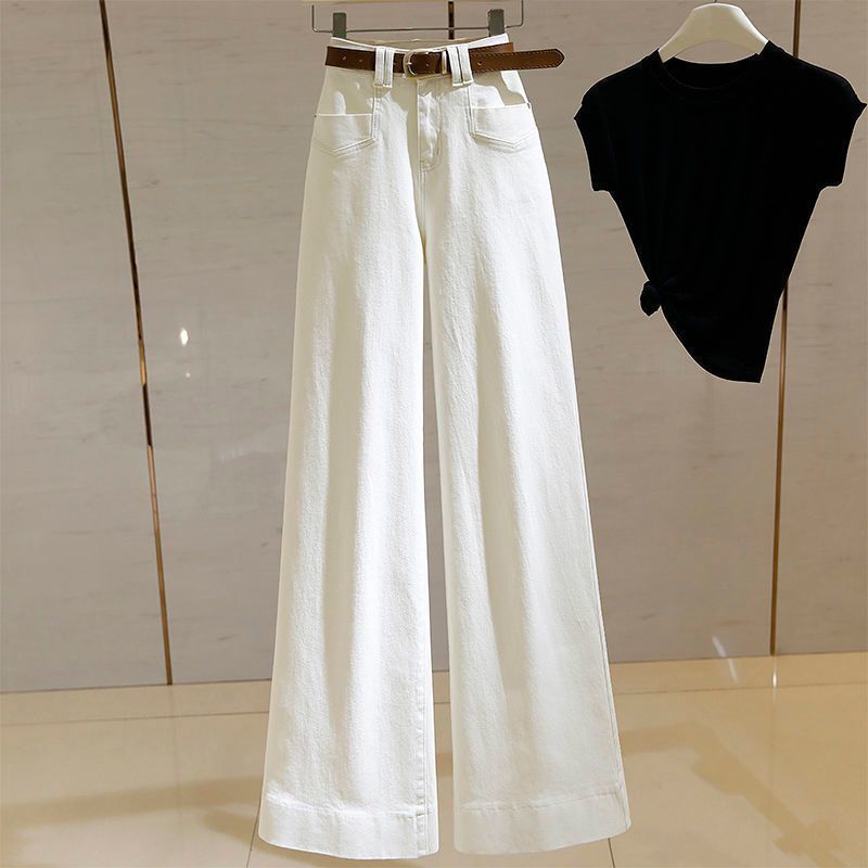 Высокая талия, широкие ноги, джинсы, женщины 2025 Новый высокий свободный, тонкий, прямые брюки, белые брюки - Белый - Высокое качество/S Рекомендуется 80 - 95 кг
