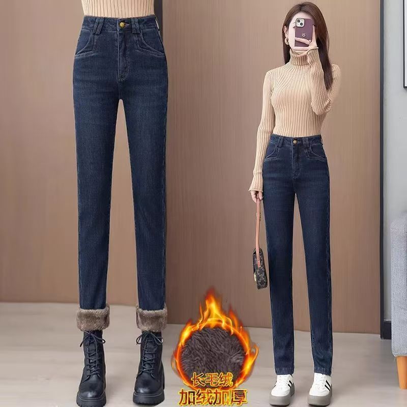 2025 Зима с плюшевыми, теплыми брюками, высокой талией, толстыми, эластичными штанами, джинсами, женщинами - Синий ягненок 5829/Рекомендуется 80 - 95 кг