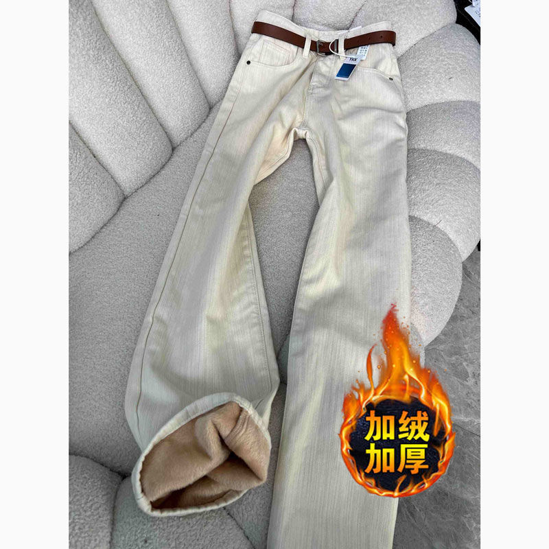 узкий пух, высокая талия, тонкие брюки, зимние джинсы, женские осенние прямые цилиндры ins свободный абрикос - Качественная ткань с плюшем/S [Рекомендация 85 - 95 кг]