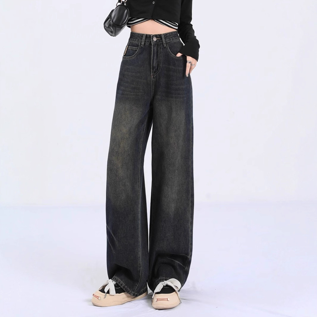 Американские ретро - темные обычные брюки, молния, стирка, джинсы, джинсы, толстые, женские, толстые, толстые, длинные брюки. - ретро-цвет/XS