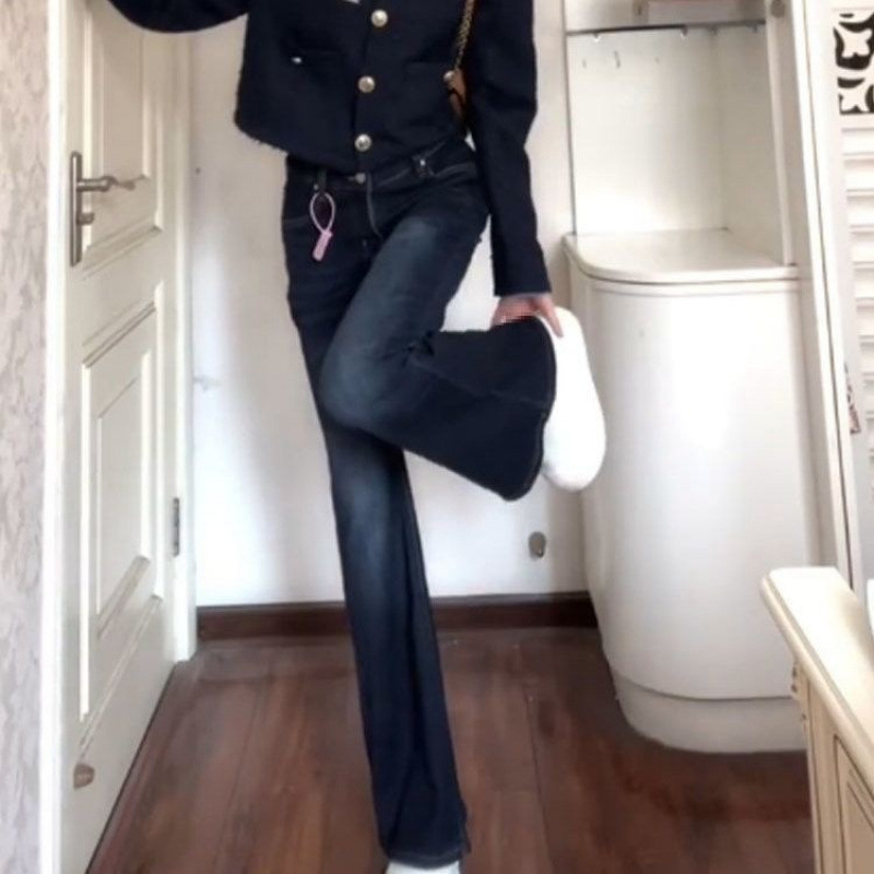 Высокий, длинный, темно - синий, ретро - синий, с высокой талией, джинсы, женщины худые, упругие, тянущие подковы, брюки, прилив. - Тёмно - синий обычный/XS