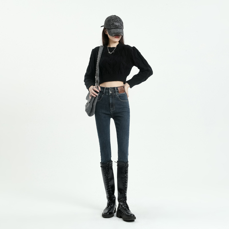 Осенний зимний карандаш, маленькие ноги, узкие джинсы, высокая талия, худые карандаши, джинсы, ковбои, брюки, женские осенью - серо-голубой/XS