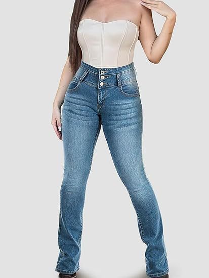 Cross border women's hip lifting denim fashion high waisted and belly hugging jeans with flared boot shape jeans for women in Europe and America - light blue/S