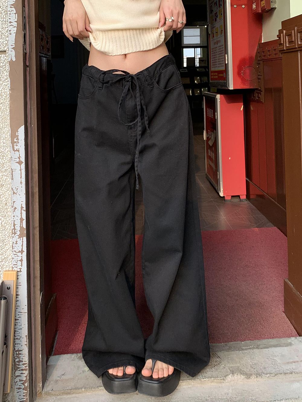 Весной 2024 года ленивые брюки с веревкой, свободные джинсы с широкими ногами, женщины 6033 - чёрный/S