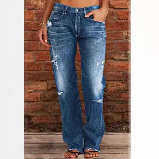 Amazon продает женскую одежду, порванные дырки, джинсы, бутоны, джинсы с высокой талией - Глубокий синий/XS