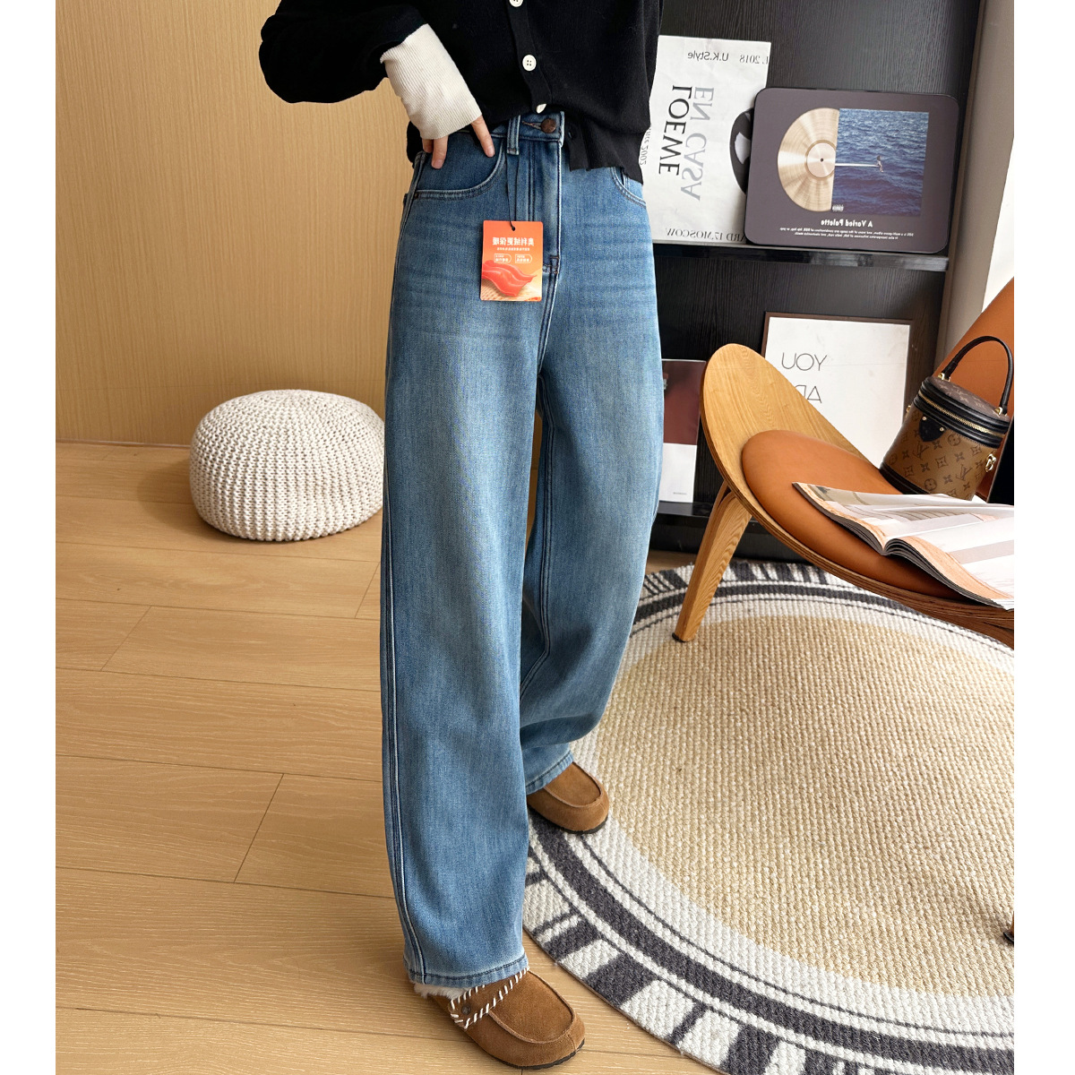 Король тепла взорвал! Осень и зима с плюшевыми джинсами, женскими оливковыми теплыми, тонкими, узкими брюками с широкими ногами - Маленький - ретро - голубой 163 ниже/S Рекомендация 90 - 105 кг