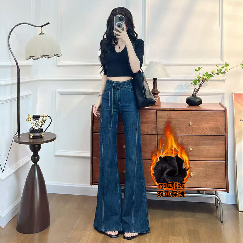 加绒不贴腿喇叭牛仔裤女秋冬季2025新款宽松独特爆款高级直筒裤子 - 复古蓝-长裤【送腰带】【加绒加厚】/XS 70-86斤左右
