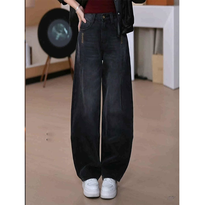 Женские джинсы осень - зима новая модель с высокой талией и тонкой сшитой вышивкой серп широкие брюки - Чёрно - серые брюки/S