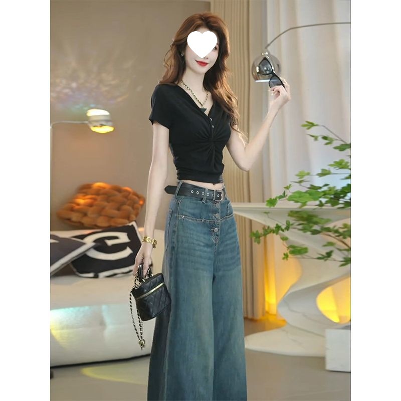 Женские джинсы Осень - зима 2025 года Высокая талия Свободные тонкие брюки с широкими ногами - Темно - синий (высокое качество)/S [рекомендации 80 - 98]