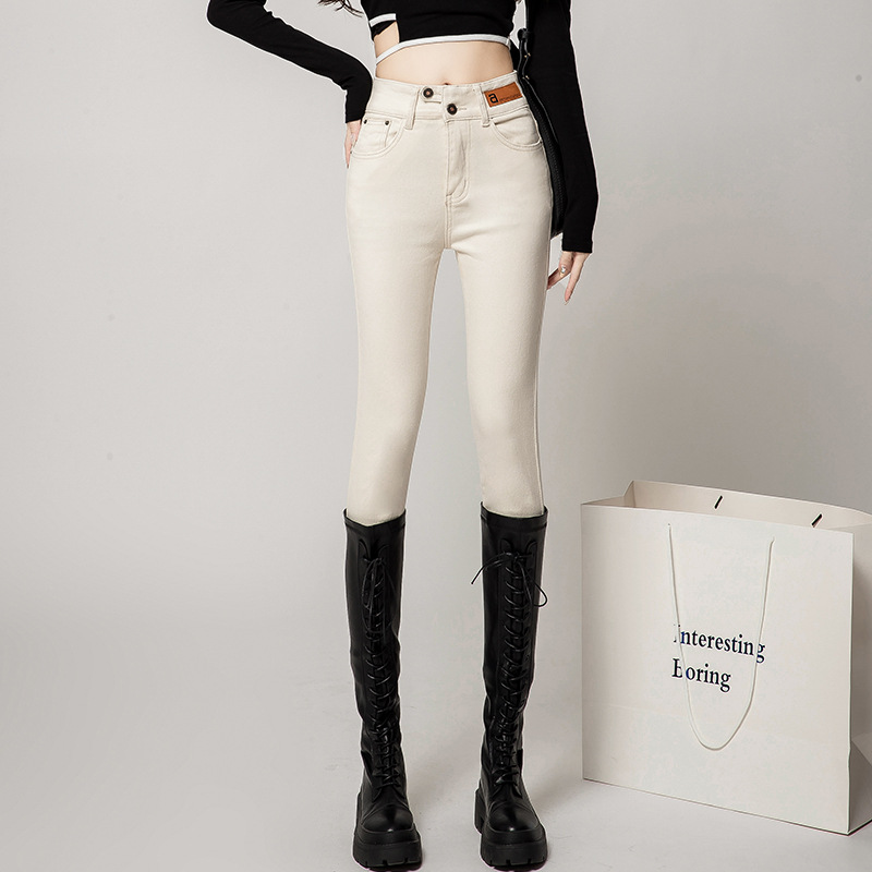 米白色牛仔裤女高腰显瘦季新款紧身杏色小脚裤秋冬季 - 米白单裤/25