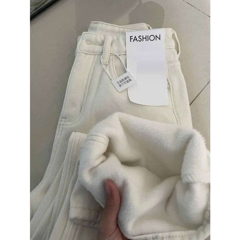 加绒白色牛仔裤女2025冬季新款高腰宽松显瘦百搭直筒垂感拖地裤子 - 白色/S