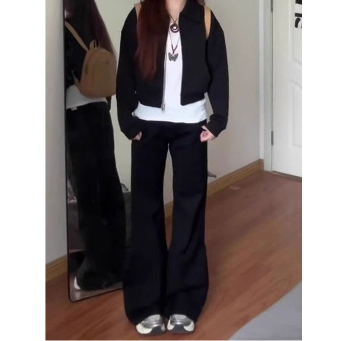 Черный американец без штанов, джинсы, бархатные осенние, зимние горячие девушки, свободные, тонкие брюки. - Черная обычная версия/S