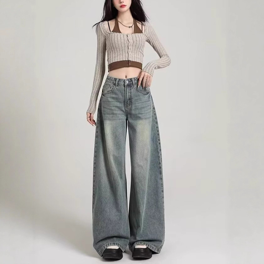 Женские джинсы с широкими ногами новый осенний вариант подходит для грушевидного роста свободные брюки bf ленивый ветер - Ретро - синий/XS