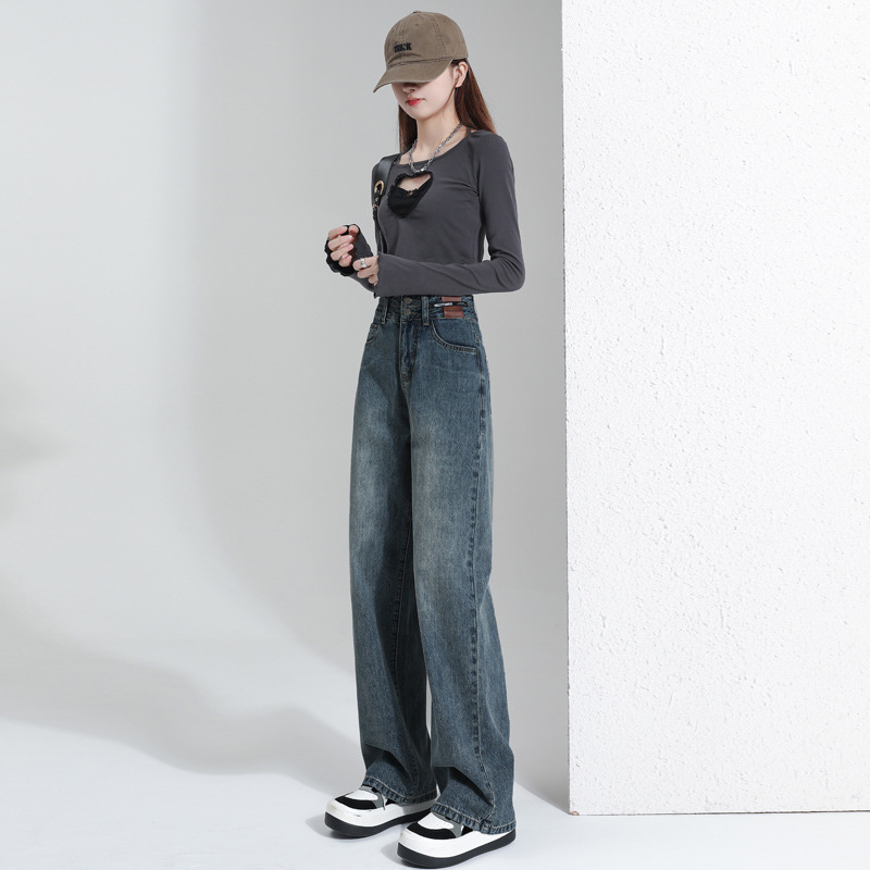 Высокая талия, широкие ноги, прямой цилиндр, толстые джинсы, женская осень - зима, новая узкая версия, свободные, тонкие брюки. - Синий 9 мин./XS