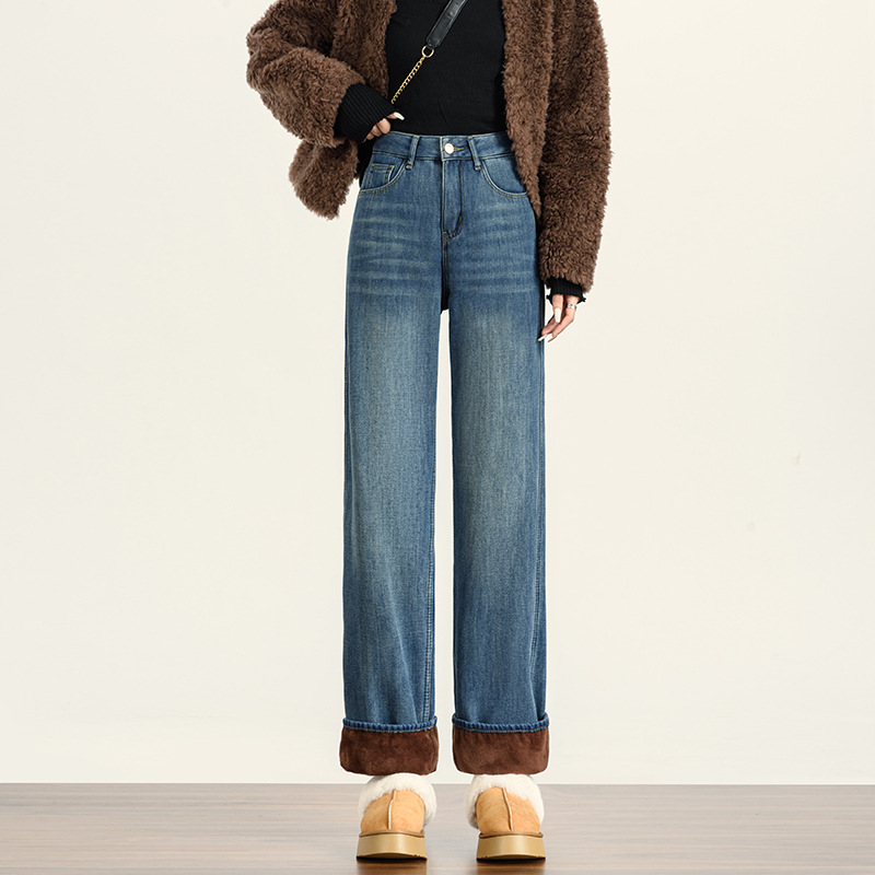 Женские джинсы с плюшевыми прямыми цилиндрами Woman Winter 2025 Новая высокая талия, свободная, тонкая, толстая, теплые брюки - Ретро - синий 9 мин. (с плюшем)/XS