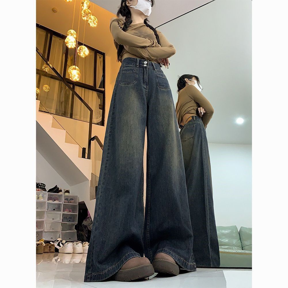 Темно - синие джинсы с широкими ногами, модные, маленькие, свободные, худые, ленивые брюки с высокой талией. - 2068 Синий/XS