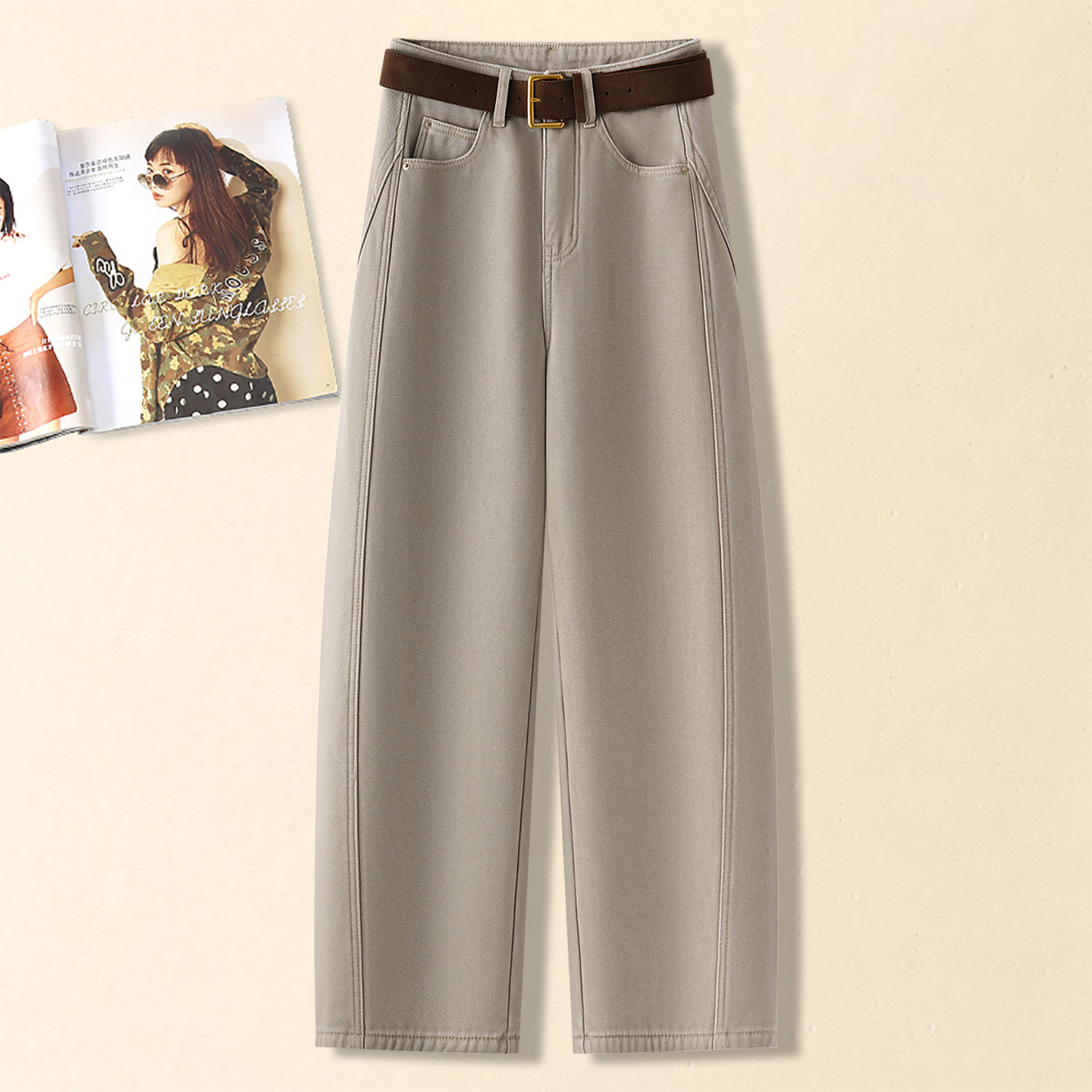 Осень - зима 2025 с плюшевыми прямыми брюками, высоким мачете, широкими ногами, джинсами цвета хаки, толстыми и худыми - хаки/S26 Рекомендуется 85 - 95 кг