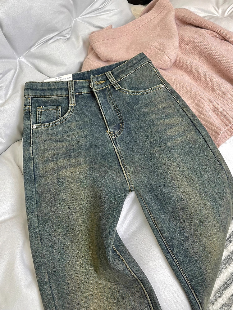 Женские зимние джинсы с плюшевым утолщением, новые толстые миллиметровые брюки - Ретро - синий - обычный/S