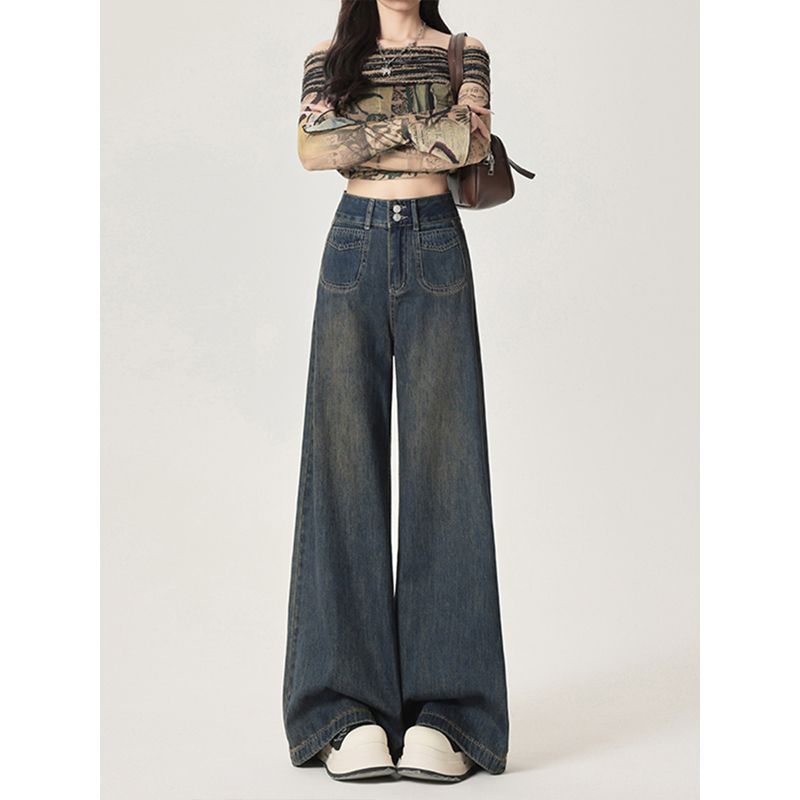 American retro wide leg jeans for women 2025 new spring and autumn season plus size high waist loose fit slimming straight leg pants - Cement ash - regular type/XS (recommended 75-84 pounds)