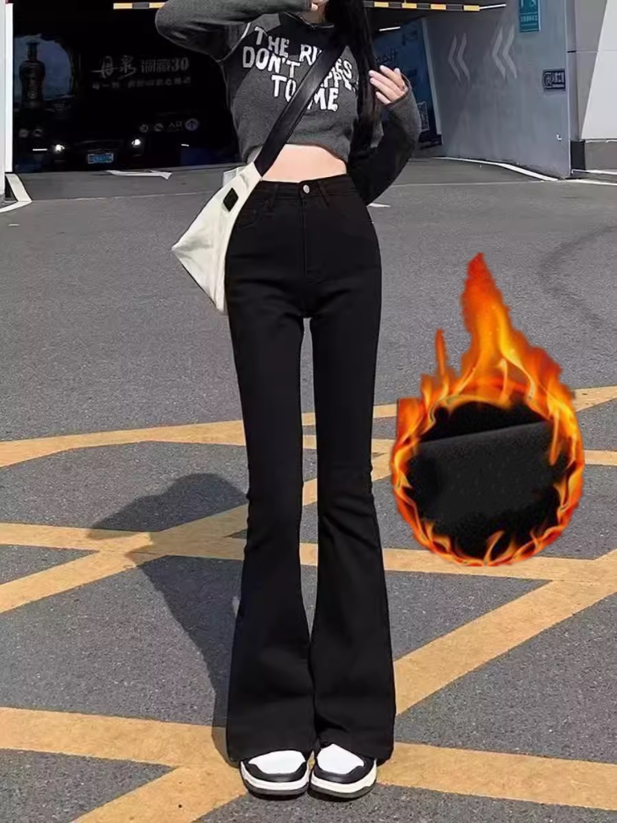 Женские джинсы с черным микрофоном осень - зима 2025 с бархатом тонкие брюки с высокой талией эластичные подковы брюки с широкими ногами - Черные брюки с плюшем/В пределах 80 кг.