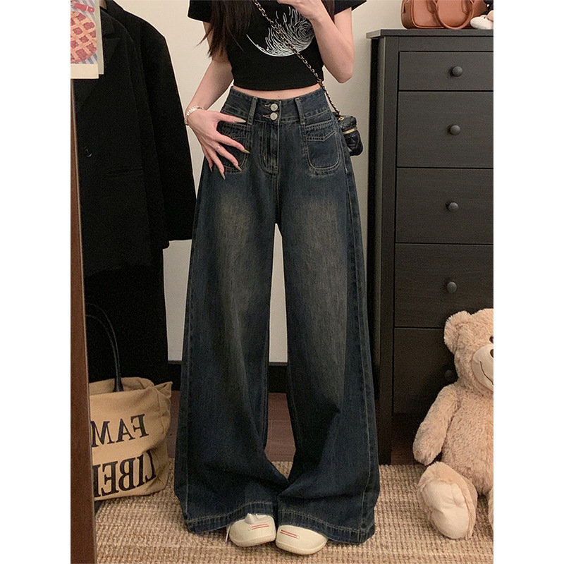 Цементные серые джинсы с широкими ногами женские летом 2025 Тонкие двойные пряжки с высокой талией, свободный прямой цилиндр, тонкие брюки - Цементная зола/XS