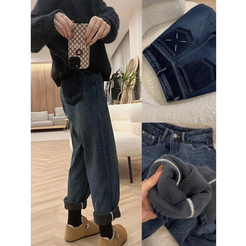 Большой размер, свободный цвет, толстые джинсы, толстые джинсы, женщины 2024 Зимняя толстая сестра, высокая талия, тонкие прямые штаны - (Пух) Ретро - синий/S