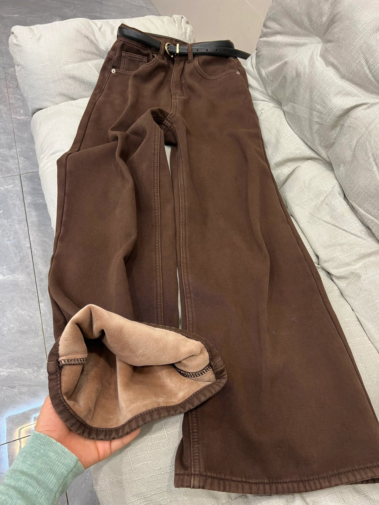 Толстые, пуховые джинсы, длинные зимние ноги, высокая талия, тонкие прямые брюки, коричневые брюки, брюки, зима. - [плюшевый] коричневый/S