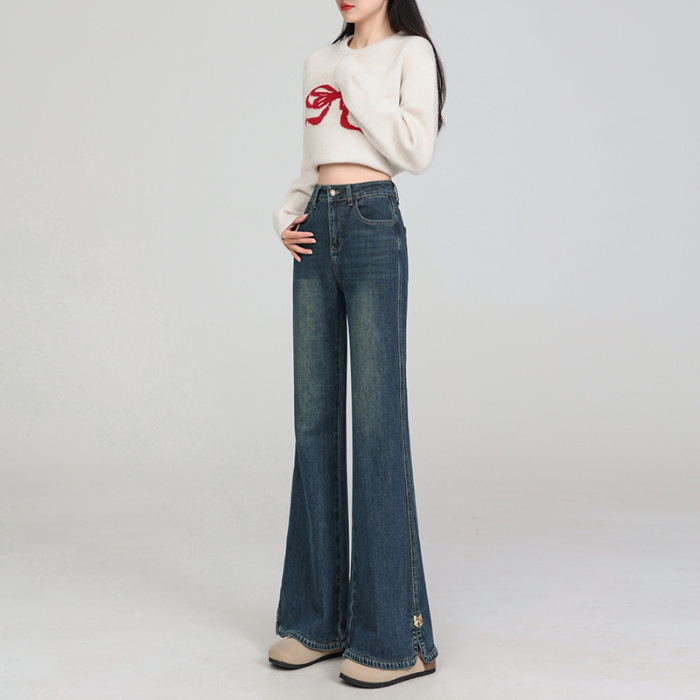 胖MM200斤可穿加绒微喇牛仔裤女高腰显瘦弹力开叉加大码马蹄裤厚 - 九分复古蓝(单裤)/XS