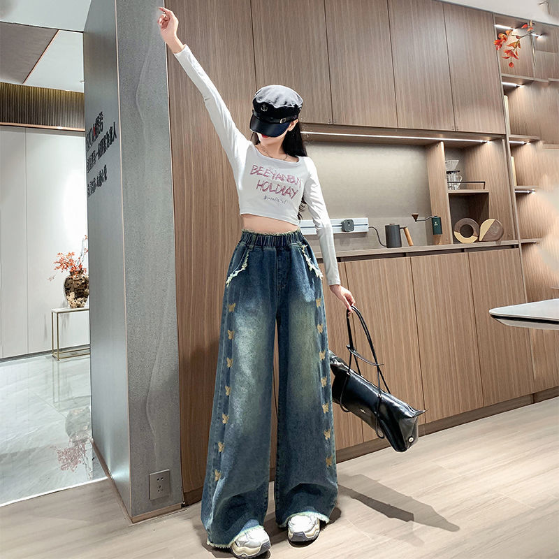 Толстые джинсы большой размер, женский буксир, широкие ноги, толстая талия, худая весна и осень, свободные брюки для студентов - синий/M Рекомендуется 85 - 105 кг.