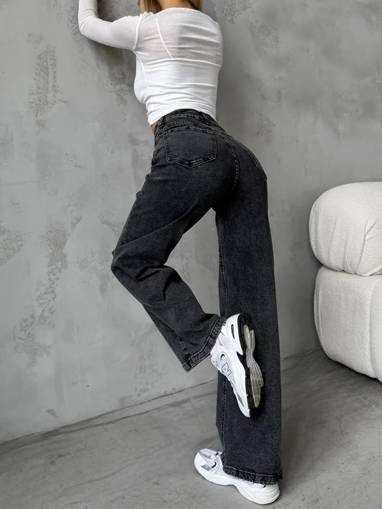 秋冬美式宽松微喇显瘦复古高腰口袋直筒牛仔裤跨境亚马逊女装长裤 - 牛仔黑/XS