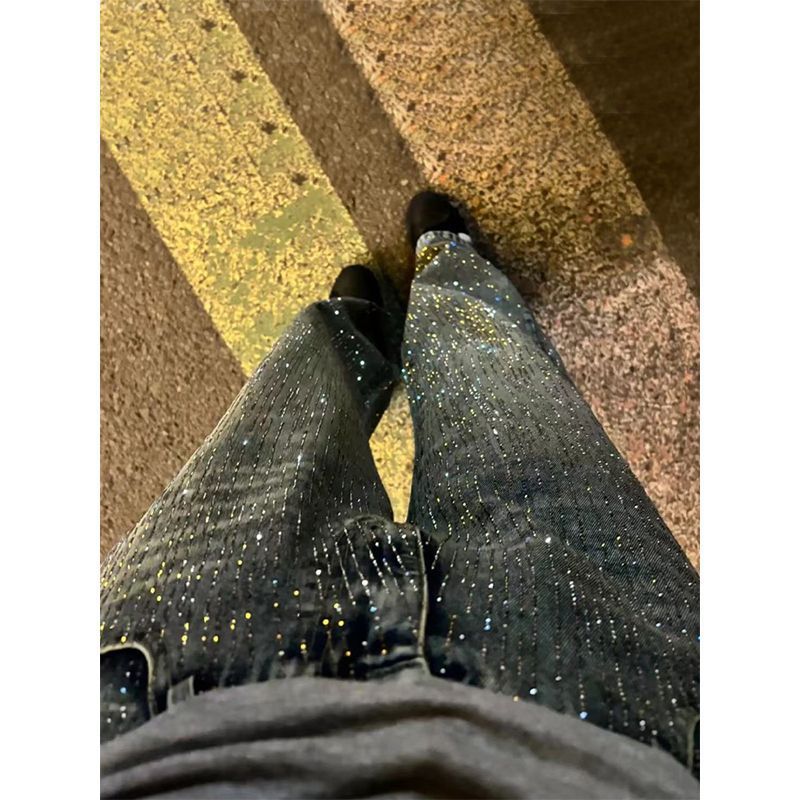 Heavy Industry Meteor Shower Hot Diamond Wide Leg Jeans for Women's Autumn Top, High Waist, Slimming and Hanging Straight Tube Loose Floor Pants - Blue Nine Points Premium Edition/S [Suggest 85-95 pounds]