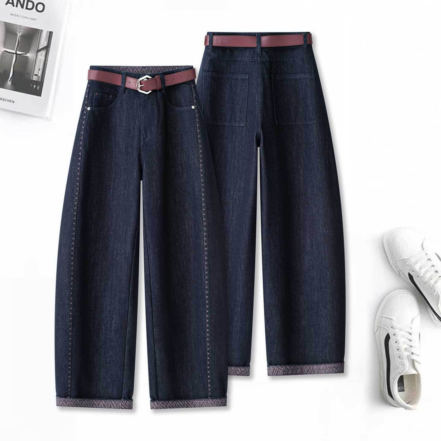 Бархат 2025 Danning Синий рулон с мачете Женские осенне - зимние джинсы - Деннинг Синий - Толщина - Маленький/26 / S Рекомендация 85 - 95 кг