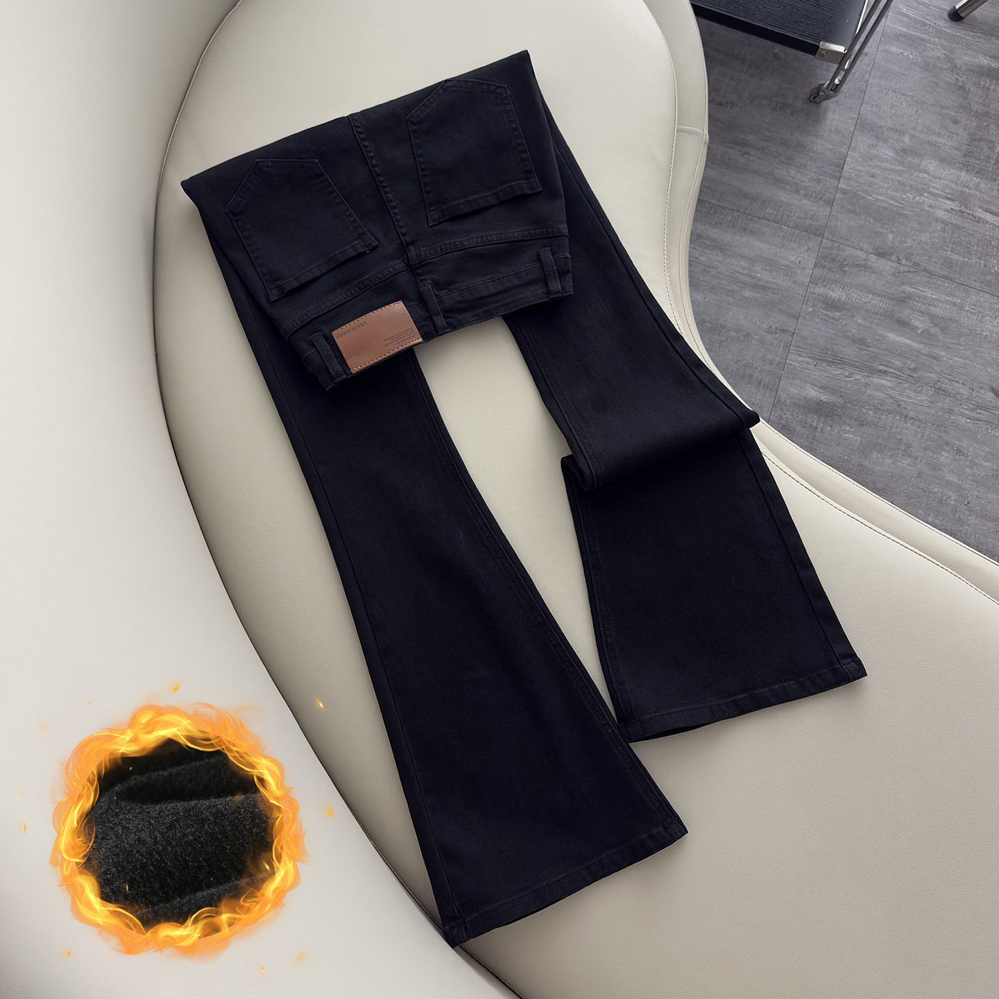 Весна - осень 2025 Новые черные плюшевые джинсы, женщины с высокой талией, худые, упругие, длинные брюки - Черный [плюшевый]/S