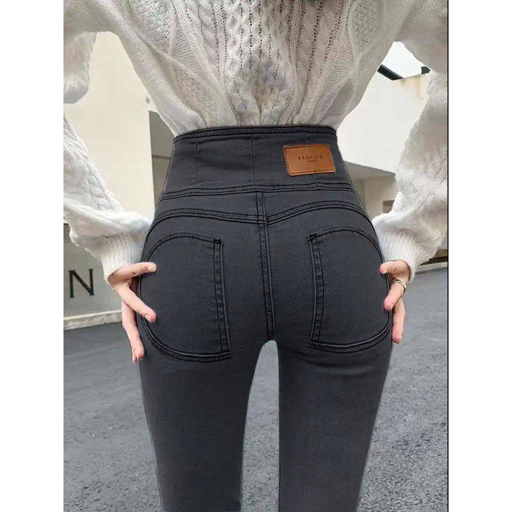 Большие персиковые ягодицы брюки Женские джинсы Осень - зима Новая Высокая талия эластичная, худая, плотная, узкая нога, карандашные брюки - серый/S [рекомендуется 80 - 95 кг]