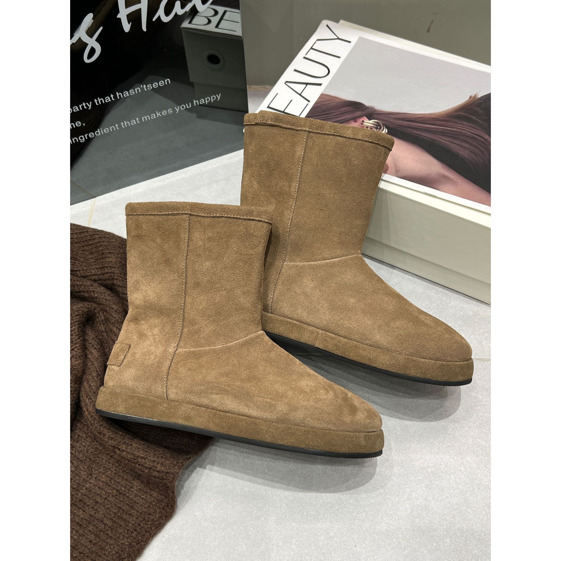 Снежные сапоги из шерсти леопарда и овец осень 2025 новые гладкие, теплые хлопчатобумажные короткие сапоги - Качки (2,5 см) Высота 19/Тридцать пять.