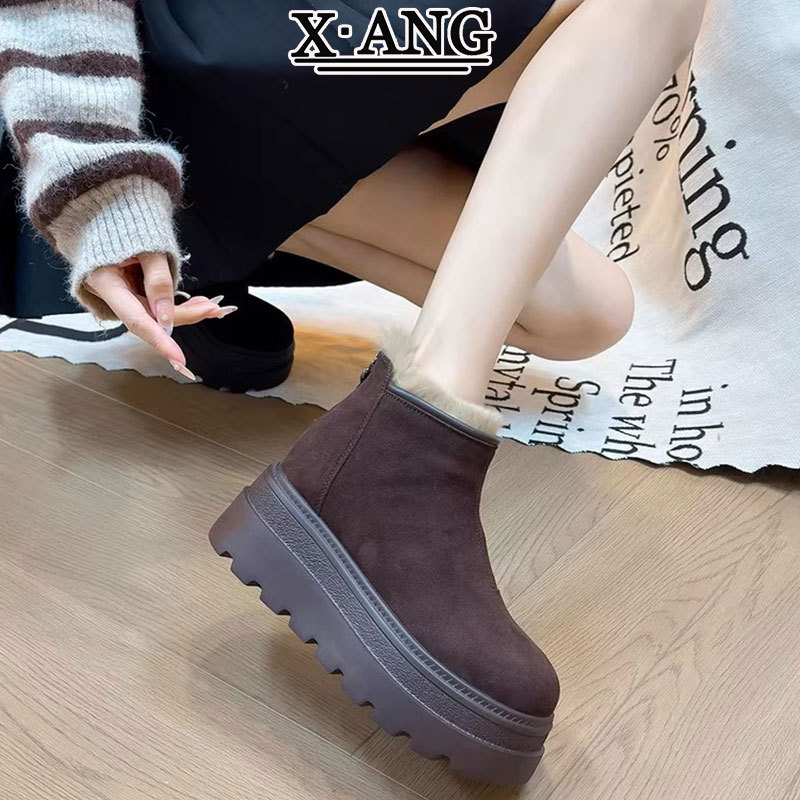 Кожаные, шерстяные, снежные сапоги, женские, толстые подошвы, маленькие, короткие, пуховые, толстые, теплые хлопковые туфли. - Кофейный цвет с высоким шкафом./34.