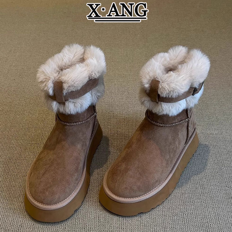 Сапоги из козьей шкуры сангпо женские толстые подошвы противоскользящие и плюшевые, теплые северо - восточные хлопчатобумажные туфли короткие сапоги - Высокий шкафчик кожаный каштановый./Тридцать пять.