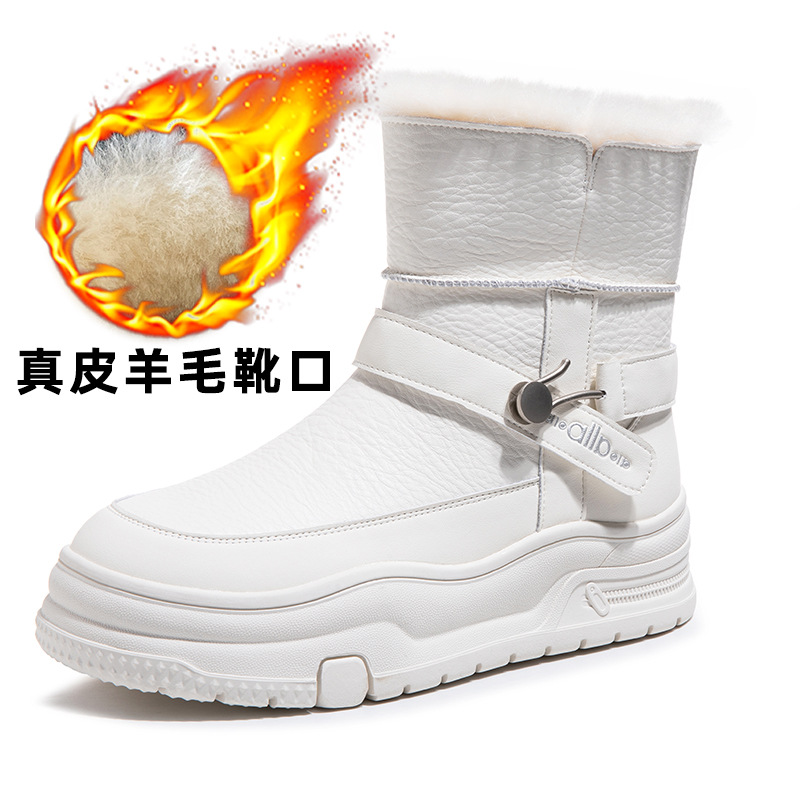 Обувь из кожи толстая кожа шерсть снежные сапоги женщины зима 2025 новая обувь водонепроницаемая скользкая толстая теплая хлопчатобумажная обувь хлеб обувь - Рис - белый (шерсть из толстой хлопчатобумажной кожи)/Тридцать пять.