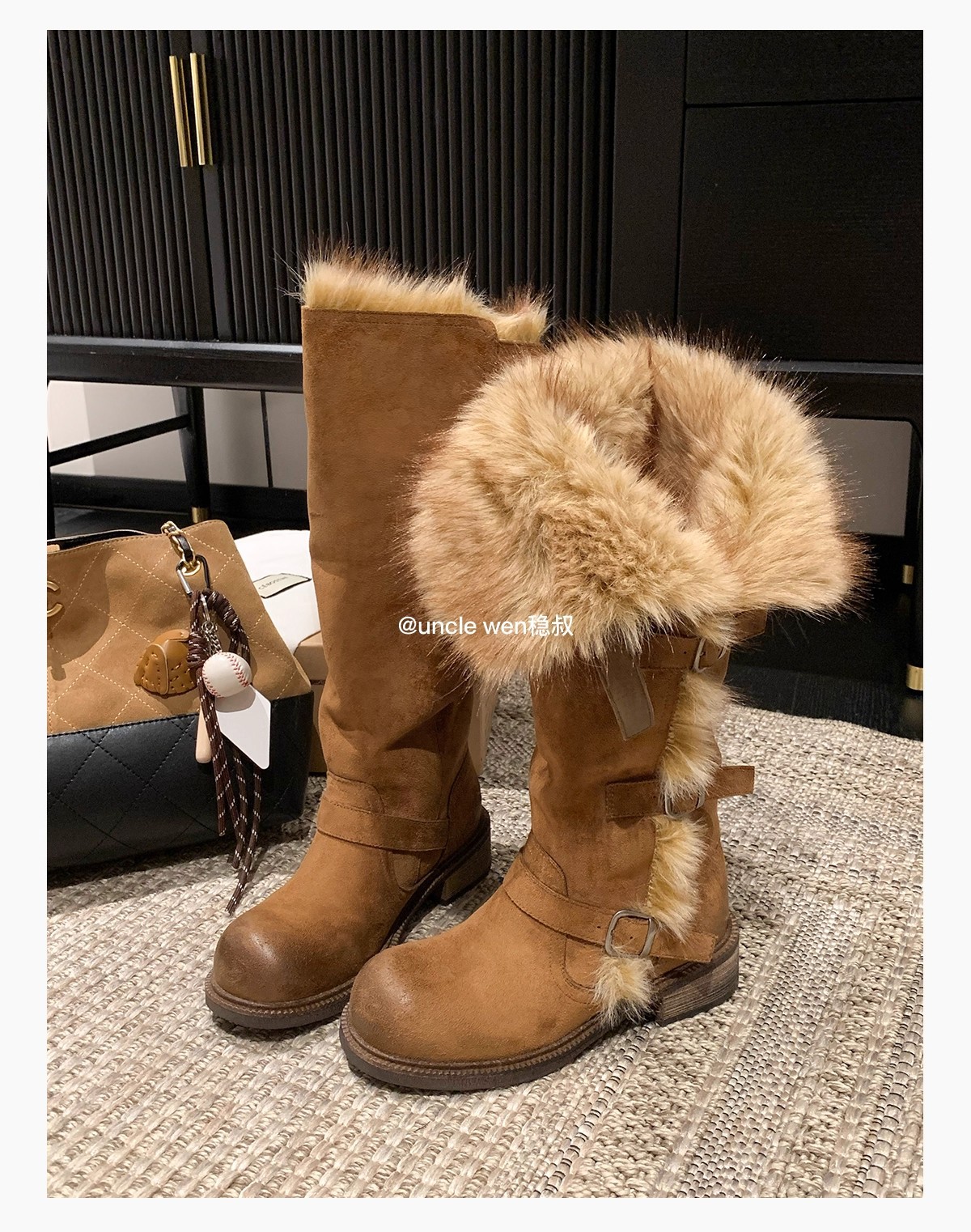 「澜柜」莫斯科俄式穿搭长筒雪地靴女加绒保暖冬季新款毛毛棉鞋女 - 焦糖色/35