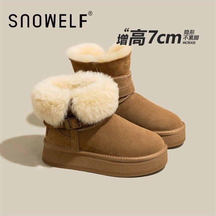 Теплый поворот с плюшевым днищем средне - снежные сапоги женский рост 2025 Зима новые кожаные шерстяные толстые хлопчатобумажные туфли - верблюжий цвет/Тридцать пять.